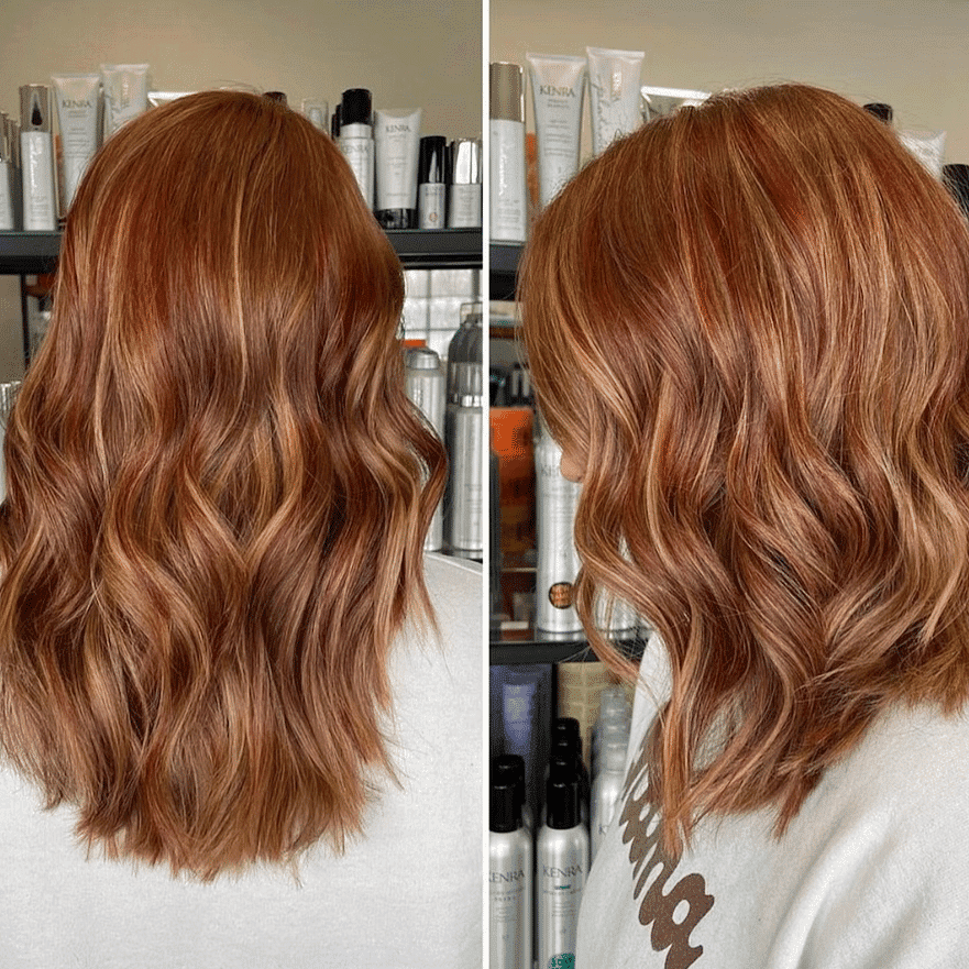 Side-by-side of person with long, wavy hair before and short, wavy hair after a haircut.