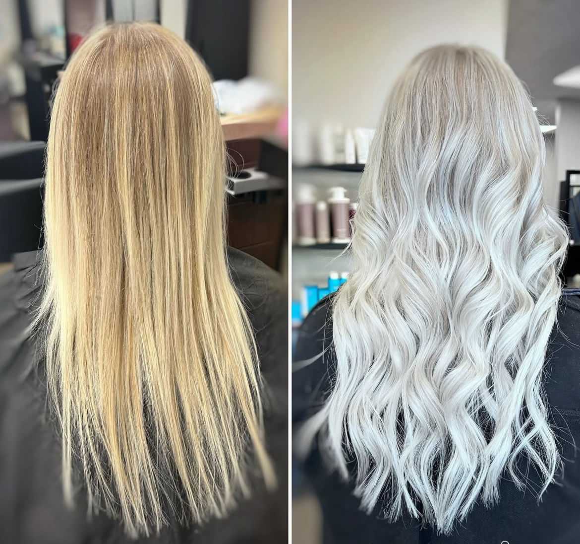 Before and after images of hair transformation from straight blonde to wavy platinum blonde.