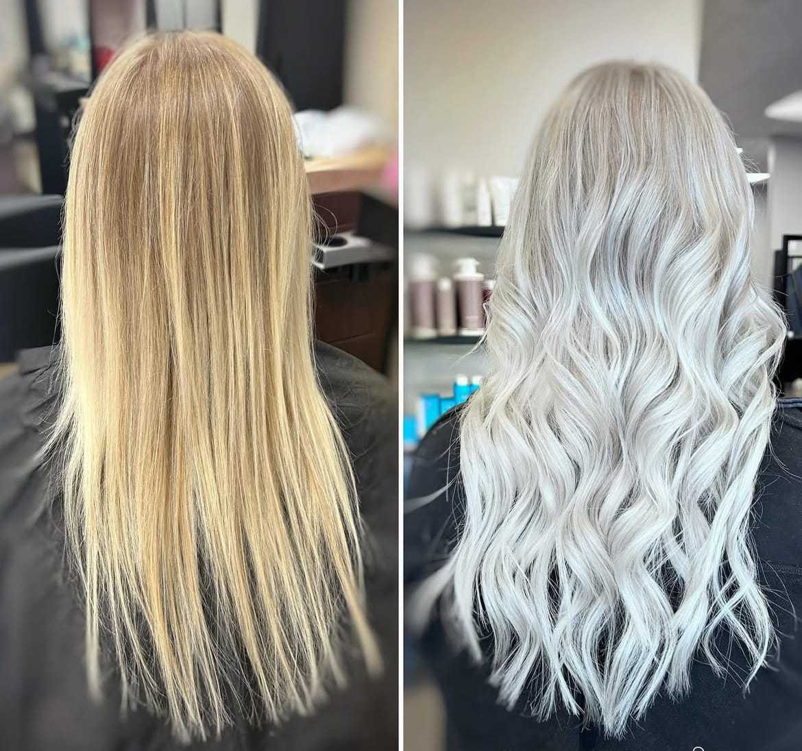 Before and after images of hair transformation from straight blonde to wavy platinum blonde.
